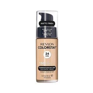liquid foundation by revlon, colorstay face makeup for combination & oily skin, spf 15, longwear medium-full coverage with matte finish, buff (150), 1.0 oz