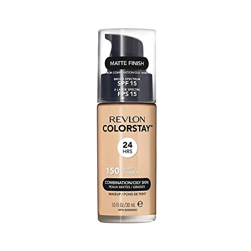 Liquid Foundation by Revlon, ColorStay Face Makeup for Combination & Oily Skin, SPF 15, Longwear Medium-Full Coverage with Matte Finish, Buff (150), 1.0 Oz