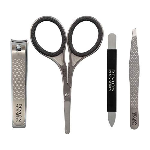 Men's Grooming Kit by Revlon, Nail Clipper, Safety Grooming Scissors, Nail File & Tweezers, High Precision Hair Removal Tools, Stainless Steel (Pack of 1)