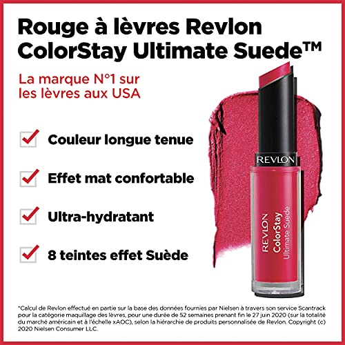 Lipstick by Revlon, ColorStay Ultimate Suede Lipstick, High Impact Lip color with Moisturizing Creamy Formula, Infused with Vitamin E, 025 Socialite, 0.09 Oz