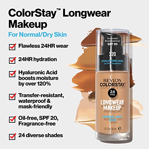 Liquid Foundation by Revlon, ColorStay Face Makeup for Normal and Dry Skin, SPF 20, Longwear Medium-Full Coverage with Matte Finish, Oil Free, 240 Medium Beige, 1.0 Oz