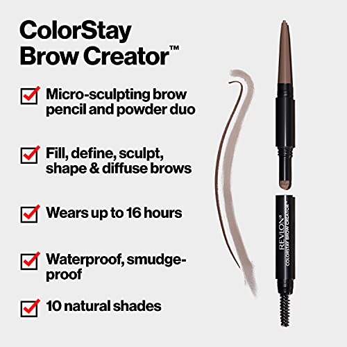 Eyebrow Pencil & Powder by Revlon, ColorStay Brow Creator 2-in-1 Eye Makeup with Spoolie, Longwearing with Precision Tip, 610 Dark Brown, 0.23 Oz