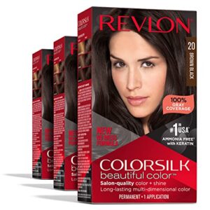 permanent hair color by revlon, permanent brown hair dye, colorsilk with 100% gray coverage, ammonia-free, keratin and amino acids, brown shades, 20 brown/black (pack of 3)