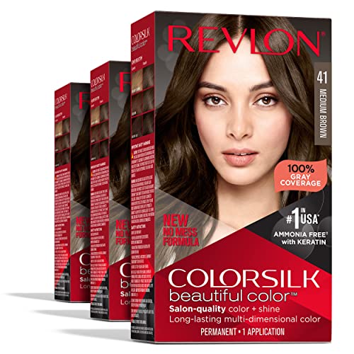 Permanent Hair Color by Revlon, Permanent Brown Hair Dye, Colorsilk with 100% Gray Coverage, Ammonia-Free, Keratin and Amino Acids, Brown Shades, 41 Medium Brown (Pack of 3)