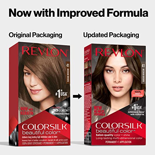 Permanent Hair Color by Revlon, Permanent Brown Hair Dye, Colorsilk with 100% Gray Coverage, Ammonia-Free, Keratin and Amino Acids, Brown Shades, 41 Medium Brown (Pack of 3)