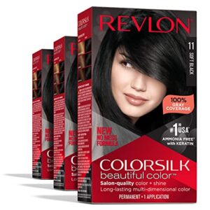 permanent hair color by revlon, permanent black hair dye, colorsilk with 100% gray coverage, ammonia-free, keratin and amino acids, black shades, 11 soft black (pack of 3)