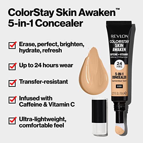 Revlon ColorStay Skin Awaken 5-in-1 Concealer, Lightweight, Creamy Longlasting Face Makeup with Caffeine & Vitamin C, For Imperfections, Dark Circles & Redness, 040 Medium, 0.27 fl oz