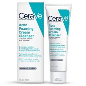 cerave acne foaming cream cleanser | acne treatment face wash with 4% benzoyl peroxide, hyaluronic acid, and niacinamide | cream to foam formula | fragrance free & non comedogenic | 5 oz