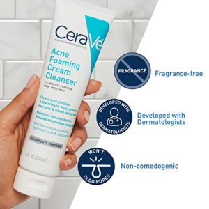 CeraVe Acne Foaming Cream Cleanser | Acne Treatment Face Wash with 4% Benzoyl Peroxide, Hyaluronic Acid, and Niacinamide | Cream to Foam Formula | Fragrance Free & Non Comedogenic | 5 Oz