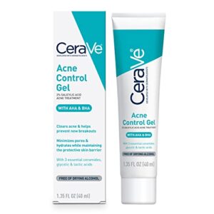 cerave salicylic acid acne treatment with glycolic acid and lactic acid | aha/bha acne gel for face to control and clear breakouts | fragrance free, paraben free, oil free & non-comedogenic|1.35 ounce