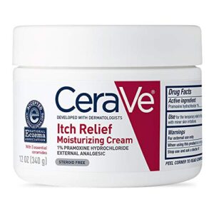 cerave moisturizing cream for itch relief | anti itch cream with pramoxine hydrochloride | relieves itchy with minor skin irritations, sunburn relief, bug bites | fragrance free | 12 ounce