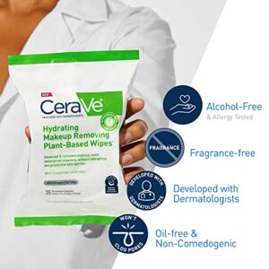 CeraVe Hydrating Facial Cleansing Makeup Remover Wipes| Plant Based Face Wipes| Biodegradable in Home Compost| Face Wash Cloth| Suitable for Sensitive Skin| Fragrance-free Non-comedogenic| 25 Count