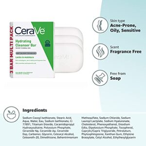 CeraVe Hydrating Cleanser Bar | Soap-Free Body and Facial Cleanser with 5% Cerave Moisturizing Cream | Fragrance-Free | 3-Pack, 4.5 Ounce Each