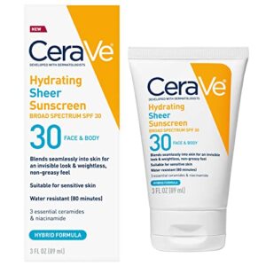 cerave hydrating sheer sunscreen spf 30 for face and body | mineral sunscreen & chemical sunscreen with zinc oxide, hyaluronic acid, niacinamides and ceramides| paraben free fragrance free | 3 ounces