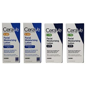 cerave daily moisturizing lotion bundle of 4 bottles – am facial moisturizing lotion with sunscreen (2 oz) and pm facial moisturizing lotion (2 oz) – 2 bottles of each – 8 fl oz total
