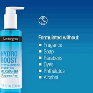 Neutrogena Hydro Boost Fragrance-Free Hydrating Facial Gel Cleanser with Hyaluronic Acid, Daily Foaming Face Wash Gel & Makeup Remover, Lightweight, Oil-Free & Non-Comedogenic 7.8 fl. oz