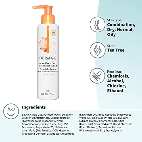 DERMA E Acne Deep Pore Cleansing Wash – Blemish Control Facial Cleanser with Salicylic Acid - Gentle Oil Control Face Wash Soothes and Balances Skin, 6 fl oz