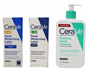 cerave daily skincare facial bundle – foaming facial cleanser (16 oz), am facial moisturizing lotion with sunscreen (3 oz), and pm facial moisturizing lotion (3 oz)