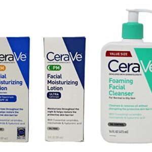 CeraVe Daily Skincare Facial Bundle - Foaming Facial Cleanser (16 oz), AM Facial Moisturizing Lotion with Sunscreen (3 oz), and PM Facial Moisturizing Lotion (3 oz)