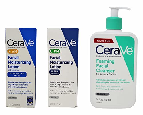 CeraVe Daily Skincare Facial Bundle - Foaming Facial Cleanser (16 oz), AM Facial Moisturizing Lotion with Sunscreen (3 oz), and PM Facial Moisturizing Lotion (3 oz)