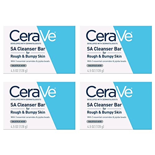 CeraVe SA Cleanser Bar for Rough & Bumpy Skin Bundle - of 4 Bars With 3 Essential Ceramides Jojoba Beads Smoothing Formula Salicylic Acid Fragrance Free, 4.5 Ounce (Pack 4)