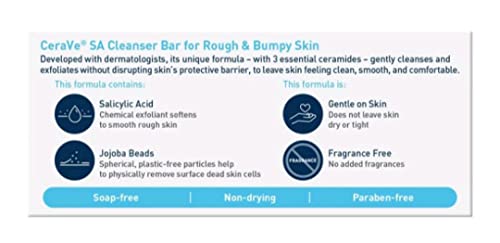 CeraVe SA Cleanser Bar for Rough & Bumpy Skin Bundle - of 4 Bars With 3 Essential Ceramides Jojoba Beads Smoothing Formula Salicylic Acid Fragrance Free, 4.5 Ounce (Pack 4)