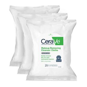 cerave makeup removing cleanser cloths, wipes to remove dirt, oil, & waterproof eye & face makeup, fragrance free, 25 count (pack of 3)