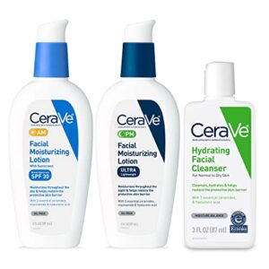 cerave am face moisturizer with spf, pm face moisturizer & hydrating face wash skin care set| travel size toiletries | skin care routine for morning & night | 3oz lotion + 3oz lotion + 3oz cleanser