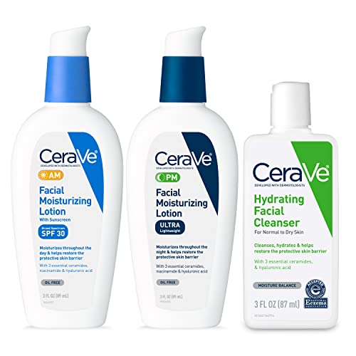 CeraVe AM Face Moisturizer with SPF, PM Face Moisturizer & Hydrating Face Wash Skin Care Set| Travel Size Toiletries | Skin Care Routine for Morning & Night | 3oz Lotion + 3oz Lotion + 3oz Cleanser