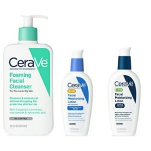 cerave daily skincare facial bundle – cerave foaming facial cleanser (12 oz), am cerave facial moisturizing lotion with sunscreen (2 oz), and pm facial moisturizing lotion (2 oz)