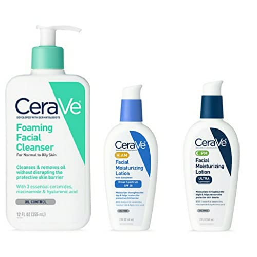 CeraVe Daily Skincare Facial Bundle - CeraVe Foaming Facial Cleanser (12 oz), AM CeraVe Facial Moisturizing Lotion with Sunscreen (2 oz), and PM Facial Moisturizing Lotion (2 oz)