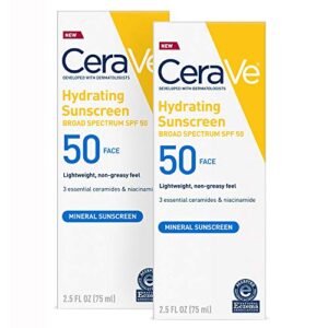 cerave 100% mineral sunscreen spf 50 | face sunscreen with zinc oxide & titanium dioxide for sensitive skin | 2.5 oz, 2 pack