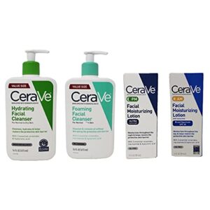 cerave daily skincare facial bundle – hydrating facial cleanser (16 oz), foaming facial cleanser (16 oz), am facial moisturizing lotion with sunscreen (3 oz), and pm facial moisturizing lotion (3 oz)