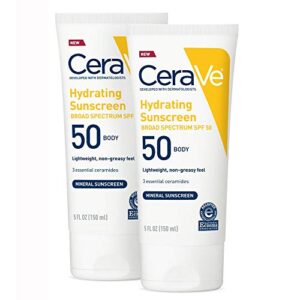 cerave 100% mineral sunscreen spf 50 | body sunscreen with zinc oxide & titanium dioxide for sensitive skin | 5 oz, 2 pack
