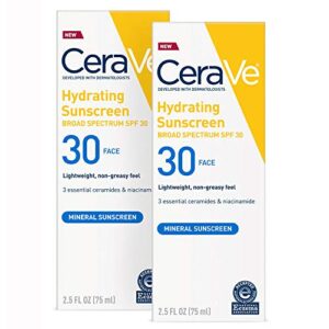 cerave 100% mineral sunscreen spf 30 | face sunscreen with zinc oxide & titanium dioxide for sensitive skin | 2.5 fl oz, pack of 2