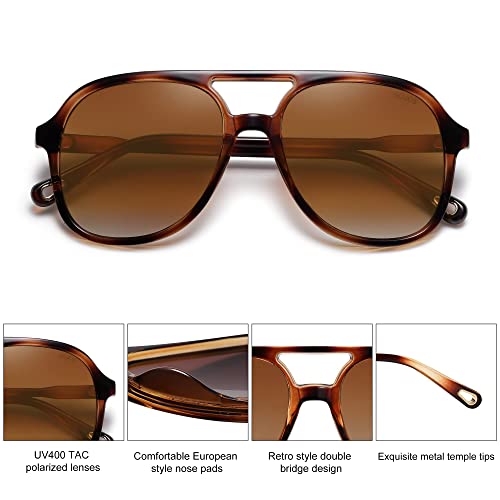 SOJOS Retro Square Polarized Aviator Sunglasses Womens Mens 70s Vintage Double Bridge Sun Glasses SJ2174, Brown Tortoise/Brown