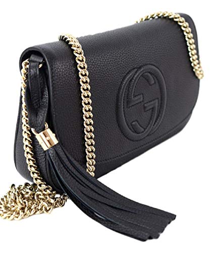 Gucci Soho Leather Flap Shoulder Bag Black Gold Tassel New Authentic