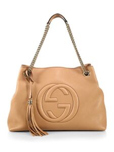 gucci camelia camel pebbled leather soho shoulder hand bag tassel