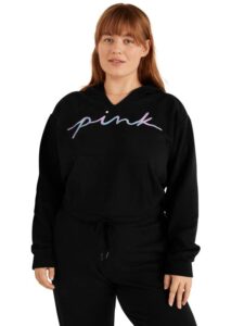victoria’s secret pink fleece cropped cinched campus hoodie, pure black blur script logo, medium