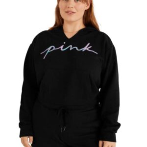 Victoria's Secret PINK Fleece Cropped Cinched Campus Hoodie, Pure Black Blur Script Logo, Medium