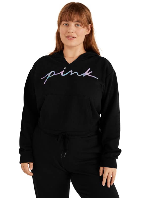 Victoria's Secret PINK Fleece Cropped Cinched Campus Hoodie, Pure Black Blur Script Logo, Medium