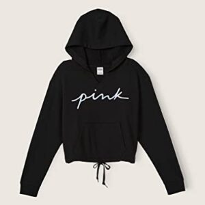 Victoria's Secret PINK Fleece Cropped Cinched Campus Hoodie, Pure Black Blur Script Logo, Medium