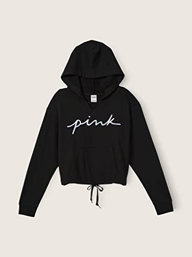 Victoria's Secret PINK Fleece Cropped Cinched Campus Hoodie, Pure Black Blur Script Logo, Medium