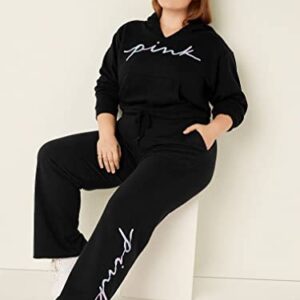 Victoria's Secret PINK Fleece Cropped Cinched Campus Hoodie, Pure Black Blur Script Logo, Medium