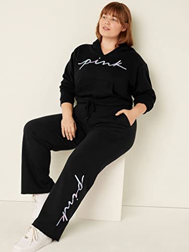 Victoria's Secret PINK Fleece Cropped Cinched Campus Hoodie, Pure Black Blur Script Logo, Medium