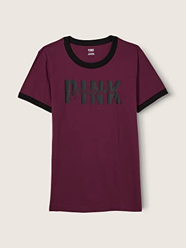 Victoria's Secret Pink Cotton Short Sleeve Ringer T-Shirt, Rich Maroon, X-Small