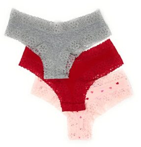 victoria’s secret lace cheeky panty set of 3 medium light gray / red / pink hearts