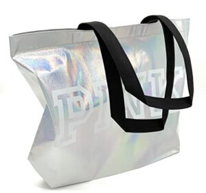 victoria’s secret pink xl iridescent silver canvas shopper tote bag, 22″ x 16″ x 6″