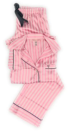 Victoria's Secret Satin Long PJ Pajama Set, Pink/White Iconic Stripe, X-Small