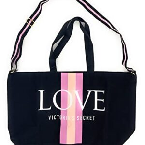 Victoria's Secret Weekender Tote Bag, Black Pink Stripes Love